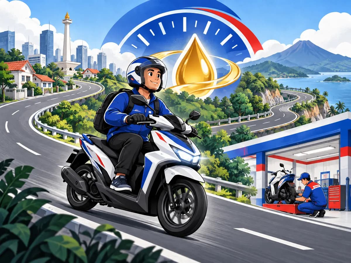 Ilustrasi pengendara menempuh perjalanan panjang dengan motornya