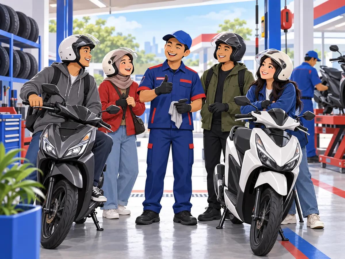 Ilustrasi pelanggan bersama mekanik di bengkel motor modern
