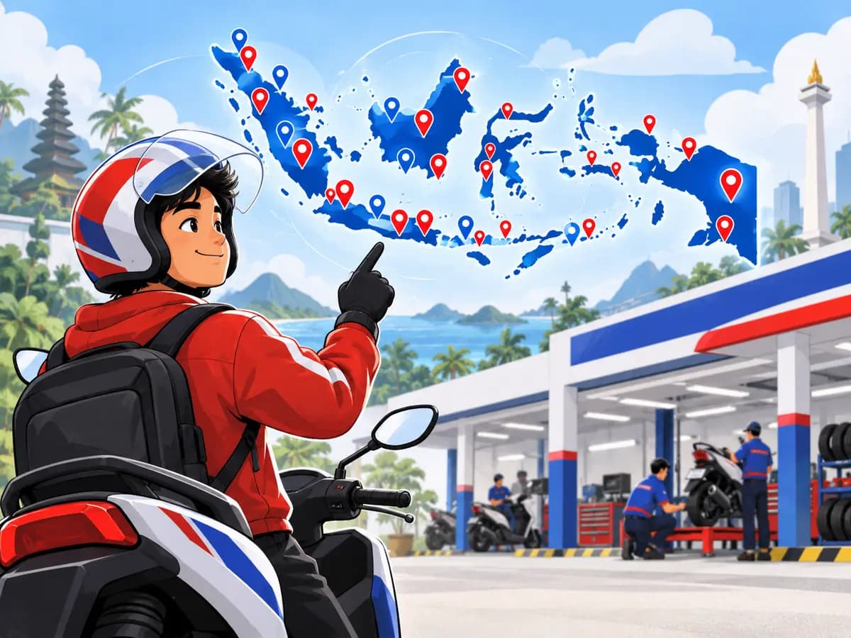 Ilustrasi pengendara dan jaringan bengkel Planet Ban di Indonesia